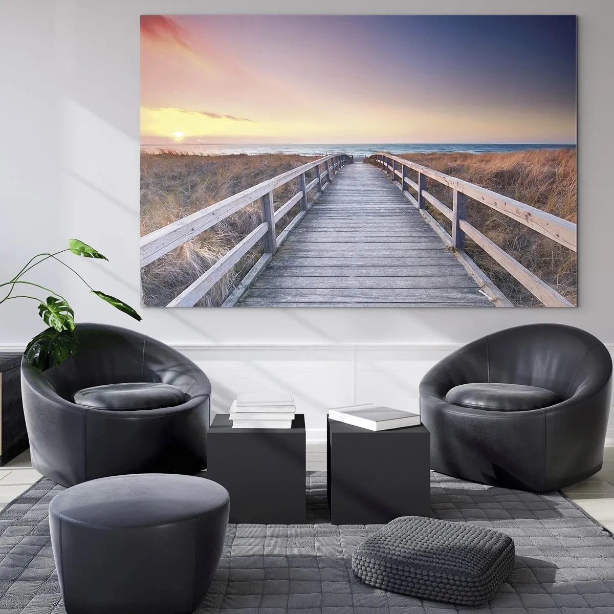 Tablou pe sticlă - Debarcader din lemn care duce la plajă la apus - 70x50cm - Aurora baltică de seară - Decorațiune modernă pentru perete pentru living și dormitor ARTTOR
