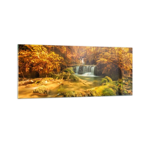 Tablou pe sticlă - Cascadă de pădure în aur - 100x40 cm