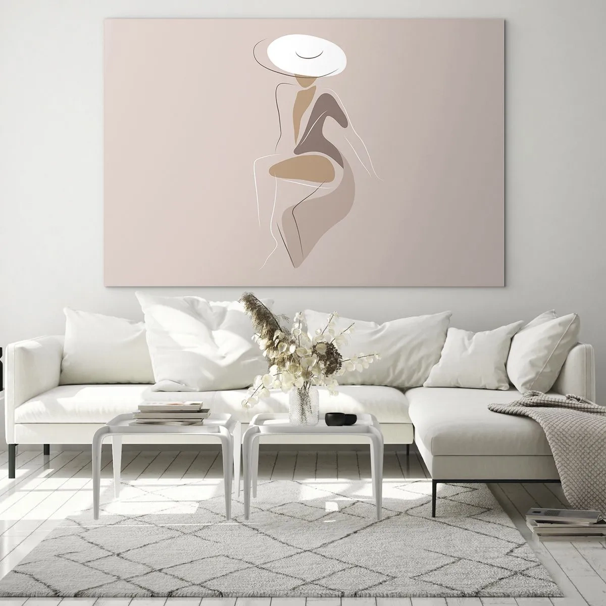 Tablou pe sticlă - Silueta unei femei cu pălărie pe un fundal bej - 70x50cm - O doamnă adevărată - Decorațiune modernă pentru perete pentru living și dormitor ARTTOR