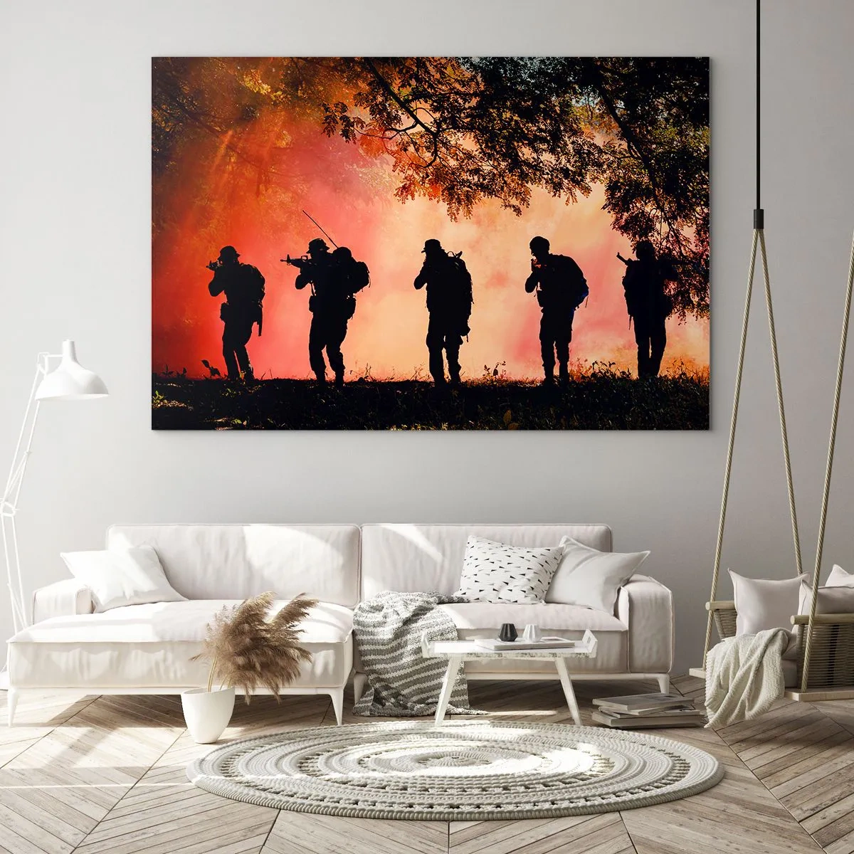 Tablou pe sticlă - Un grup de soldați mărșăluind pe fundalul unei păduri în flăcări. - 70x50cm - ...Toți pentru unul. - Decorațiune modernă pentru perete pentru living și dormitor ARTTOR