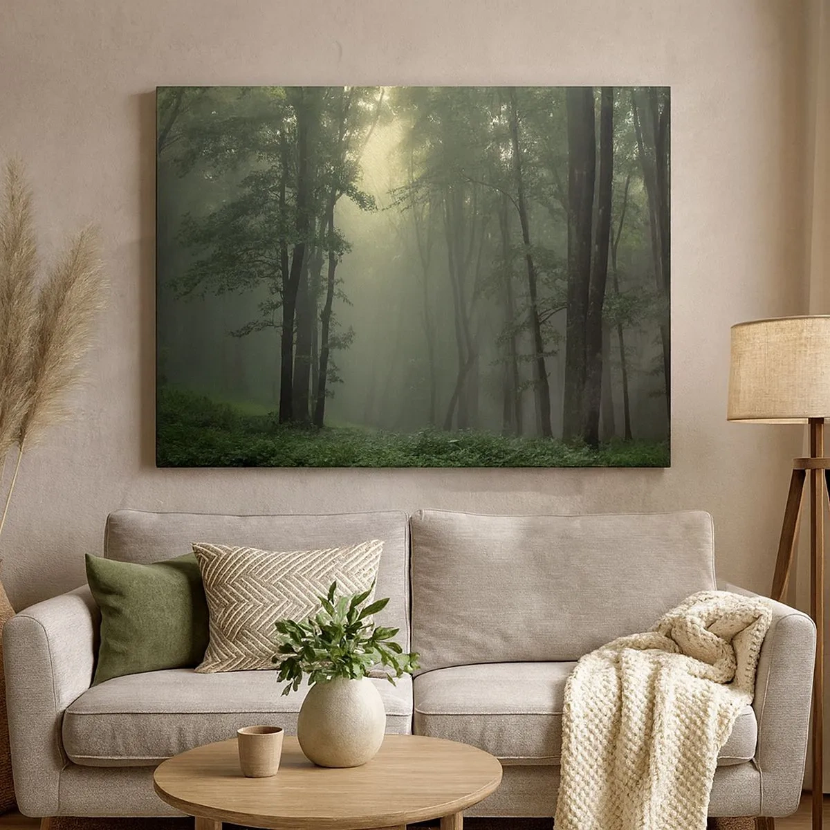 Tablou pe pânză Canvas - O pădure verde dimineața învăluită într-o ceață delicată - 70x50cm - Înainte să se trezească - Decorațiune modernă pentru perete pentru living și dormitor ARTTOR