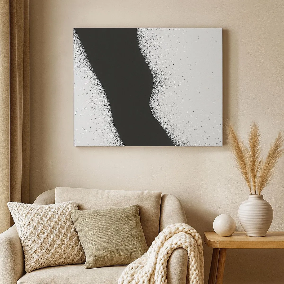 Tablou pe pânză Canvas - Model abstract alb-negru cu puncte delicate pe pânză - 70x50cm - Echilibru lichid - Decorațiune modernă pentru perete pentru living și dormitor ARTTOR
