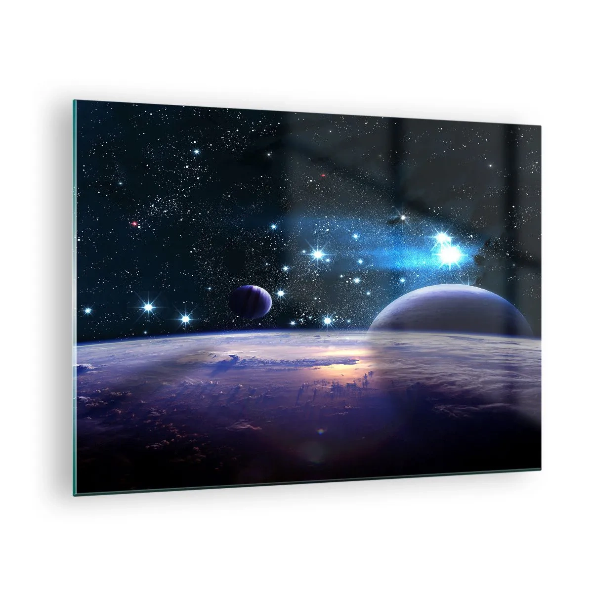 Tablou pe sticlă - Un peisaj spațial cu planete și stele pe fundalul unei galaxii. - 70x50cm - Tot singuri? - Decorațiune modernă pentru perete pentru living și dormitor ARTTOR
