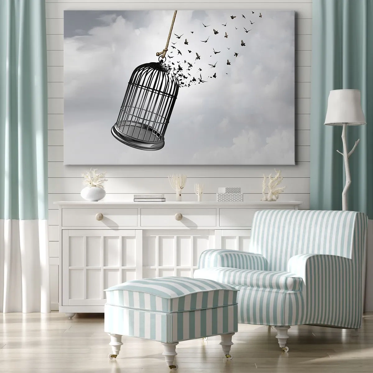 Tablou pe pânză Canvas - Păsări care zboară dintr-o cușcă pe cer - 70x50cm - Credință...Speranță...Libertate! - Decorațiune modernă pentru perete pentru living și dormitor ARTTOR