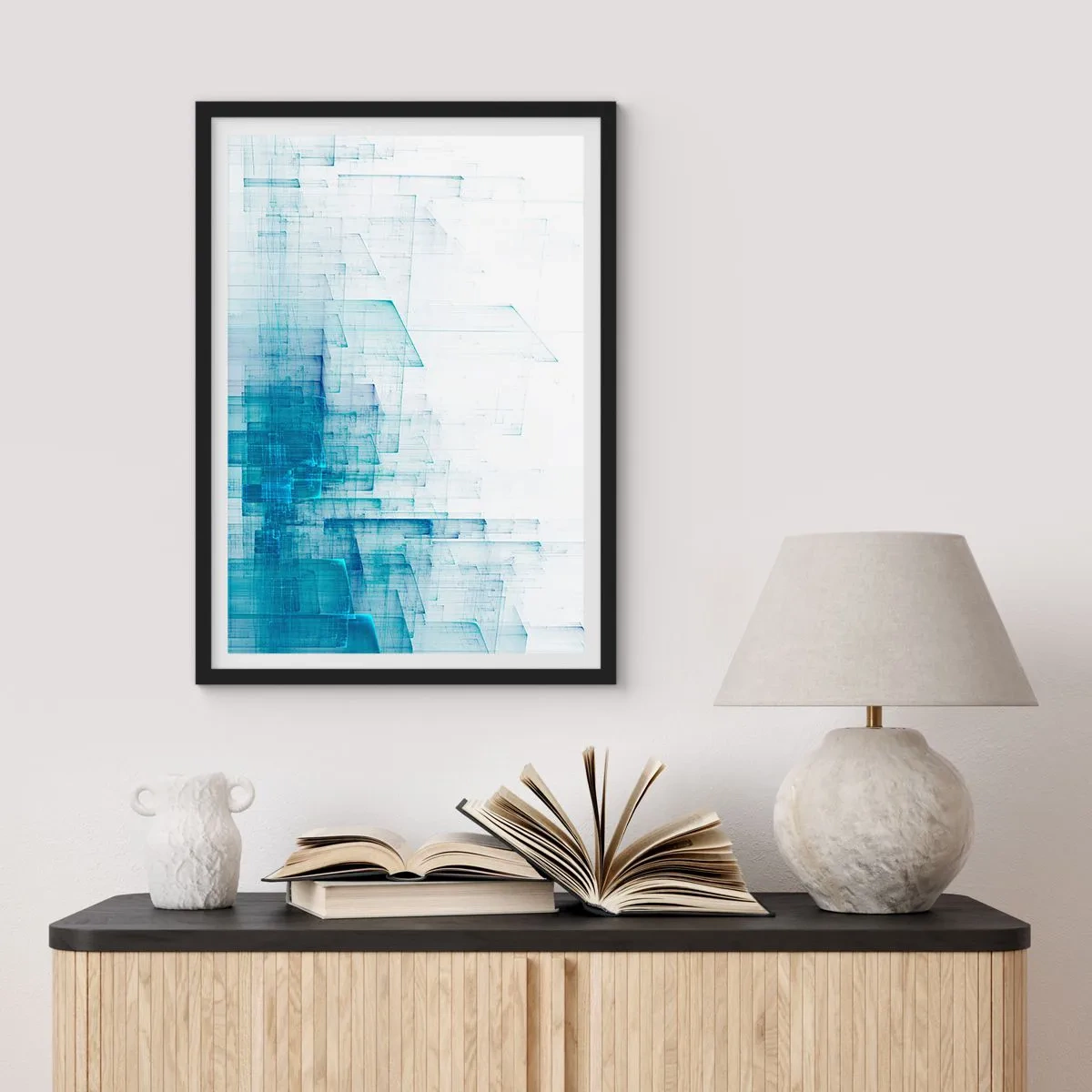 Poster în ramă neagră - Compoziție geometrică abstractă în nuanțe de albastru și alb - 50x70cm - Cum a apărut spațiul - Decorațiune modernă pentru perete pentru living și dormitor ARTTOR