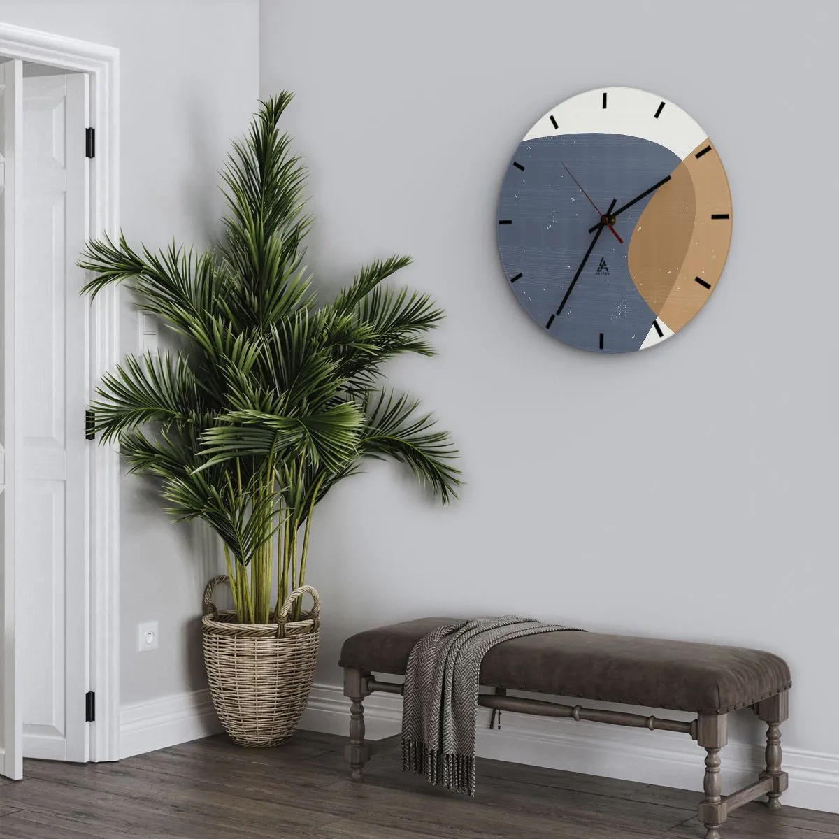 Ceas de perete - Ceas pe sticlă - Compoziție geometrică în nuanțe de bleumarin și bej - 30x30cm - Ovale și influențe - Decorațiune modernă pentru perete pentru living, bucătărie și dormitor ARTTOR