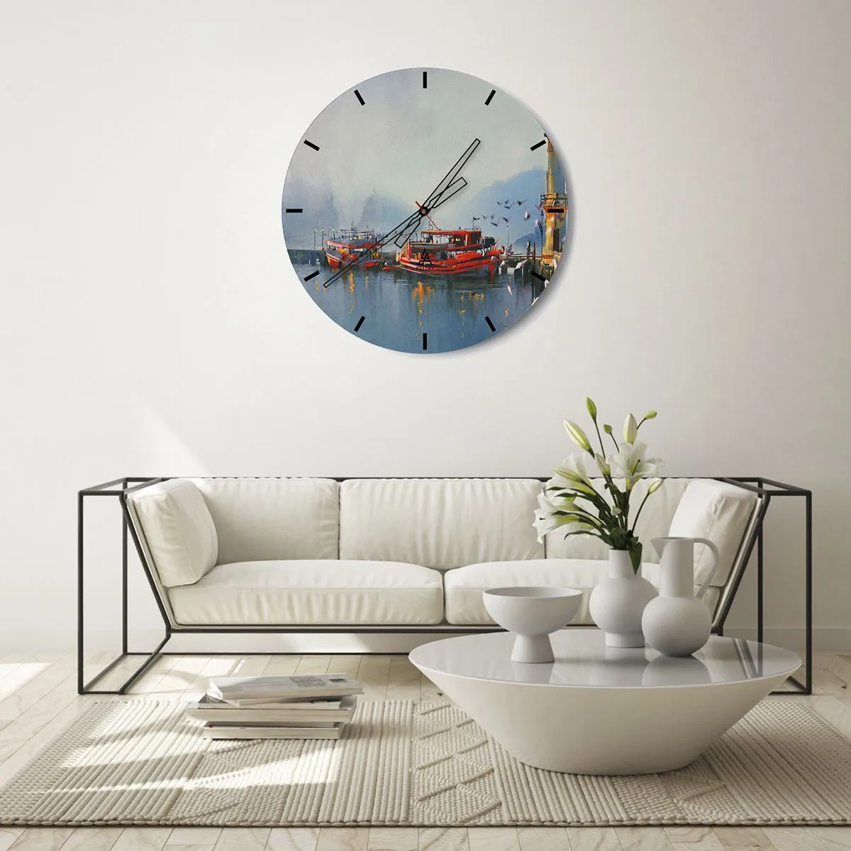 Ceas de perete - Ceas pe sticlă - Un port cu bărci roșii pe ape calme dimineața - 30x30cm - La capătul lumii - Decorațiune modernă pentru perete pentru living, bucătărie și dormitor ARTTOR