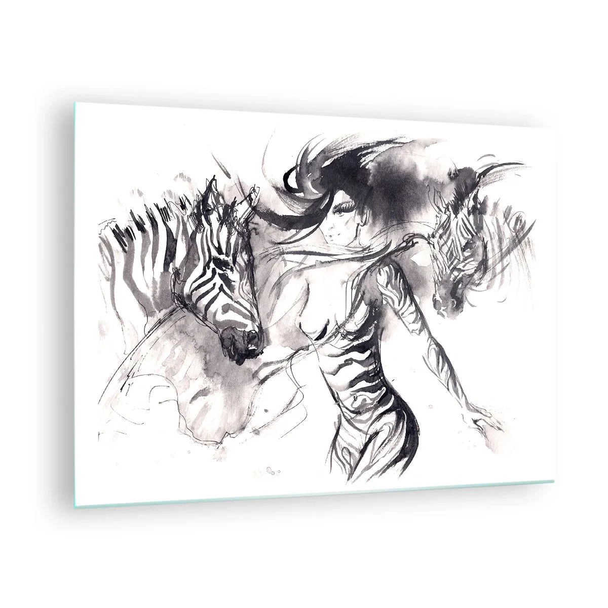 Tablou pe sticlă - Compoziție alb-negru cu o femeie și o zebră într-un stil artistic - 70x50cm - Dansând cu zebrele - Decorațiune modernă pentru perete pentru living și dormitor ARTTOR