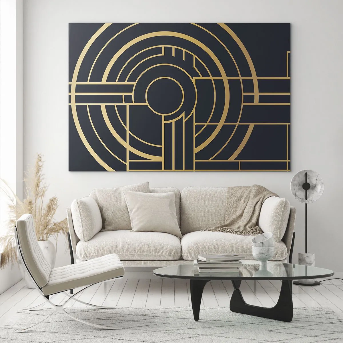 Tablou pe sticlă - Abstracție geometrică aurie și neagră în stil Art Deco - 70x50cm - Întoarcerea lucrurilor - Decorațiune modernă pentru perete pentru living și dormitor ARTTOR