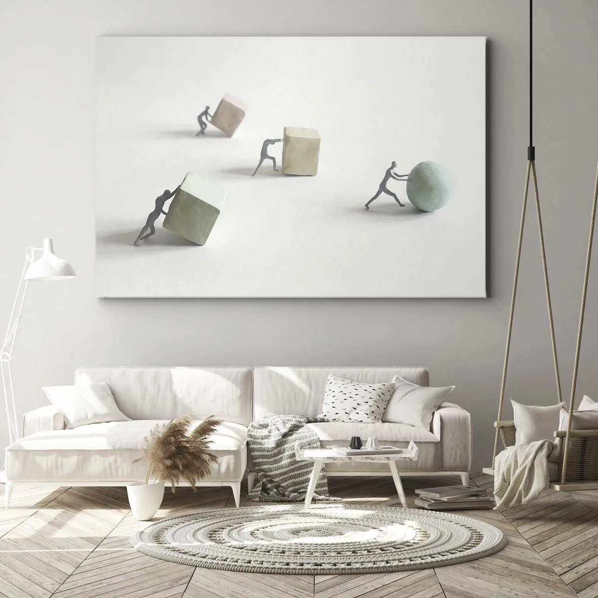 Tablou pe pânză Canvas - Figurine miniaturale împingând forme pe un fundal luminos - 70x50cm - Viața însăși - Decorațiune modernă pentru perete pentru living și dormitor ARTTOR