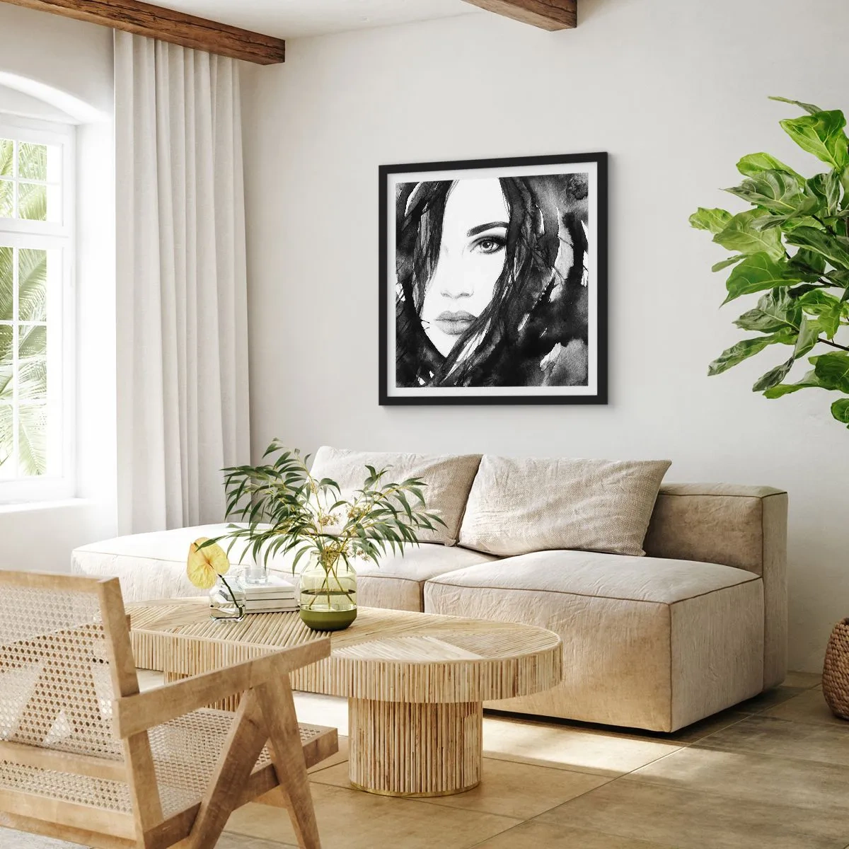 Poster în ramă neagră - Studiu unei dame în alb și negru - 60x60 cm