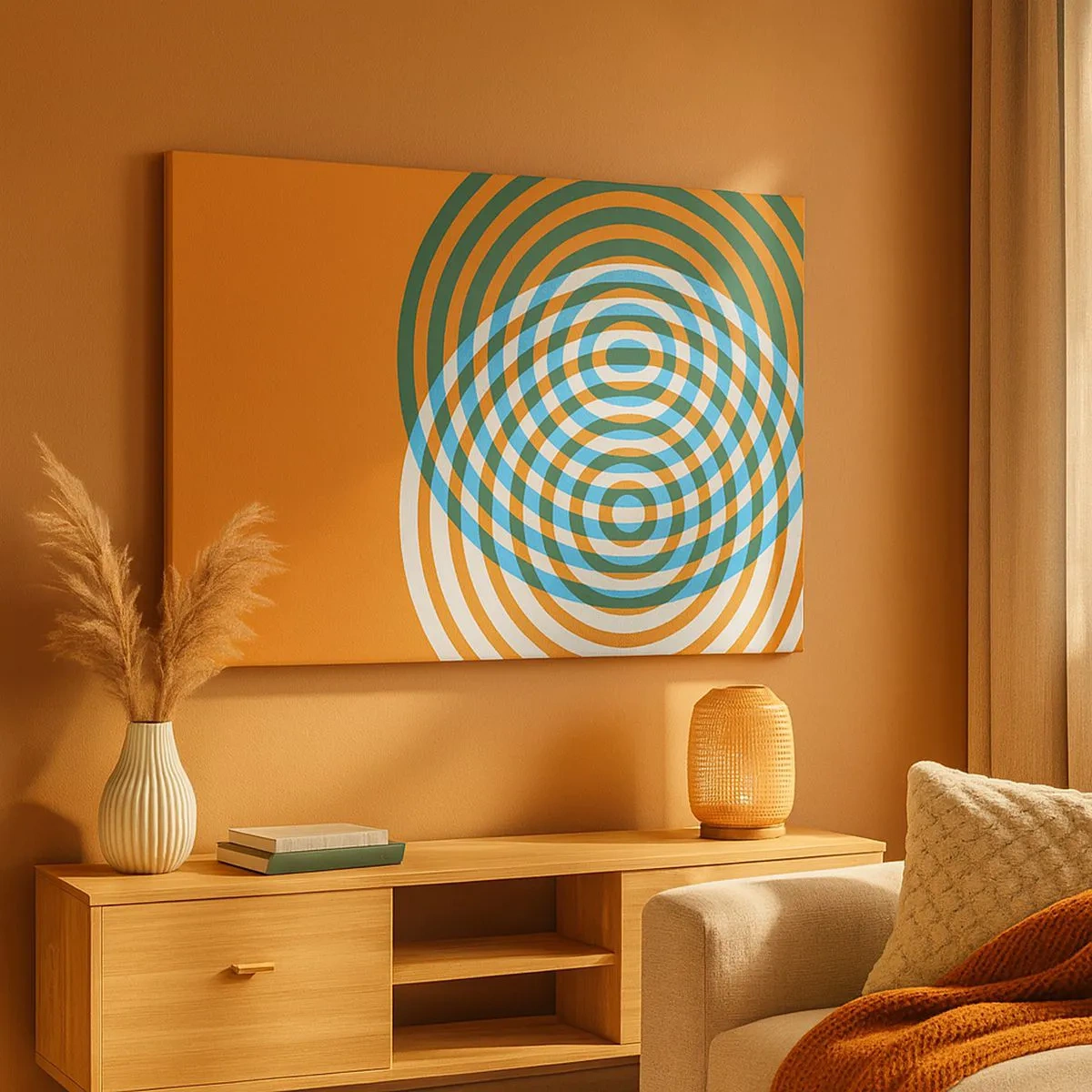 Tablou pe pânză Canvas - Cercuri concentrice pe un fundal portocaliu - 70x50cm - Variație circulară abstractă - Decorațiune modernă pentru perete pentru living și dormitor ARTTOR