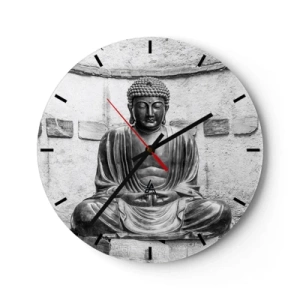 Ceas de perete - Ceas pe sticlă - O statuie a lui Buddha în stil monocrom pe un fundal de perete - 30x30cm - La sursa păcii - Decorațiune modernă pentru perete pentru living, bucătărie și dormitor ARTTOR