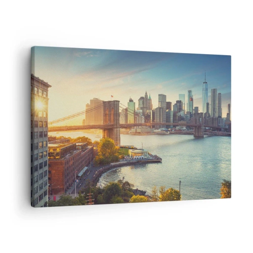 Tablou pe pânză Canvas - Panoramă a orașului cu podul la apus - 70x50cm - Zorii metropolitani - Decorațiune modernă pentru perete pentru living și dormitor ARTTOR
