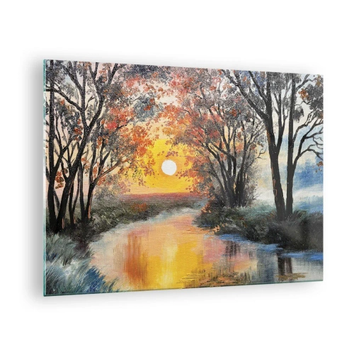 Tablou pe sticlă - Apus de soare peste râu printre copaci - 70x50cm - Atmosferă de toamnă - Decorațiune modernă pentru perete pentru living și dormitor ARTTOR