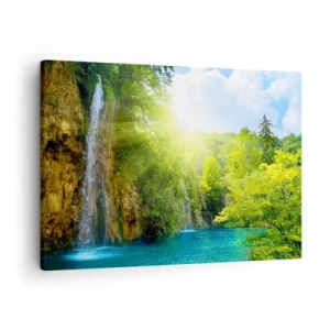 Tablou pe pânză Canvas - O cascadă care curge într-un lac turcoaz înconjurat de verdeață - 70x50cm - Trebuie să fie Edenul - Decorațiune modernă pentru perete pentru living și dormitor ARTTOR