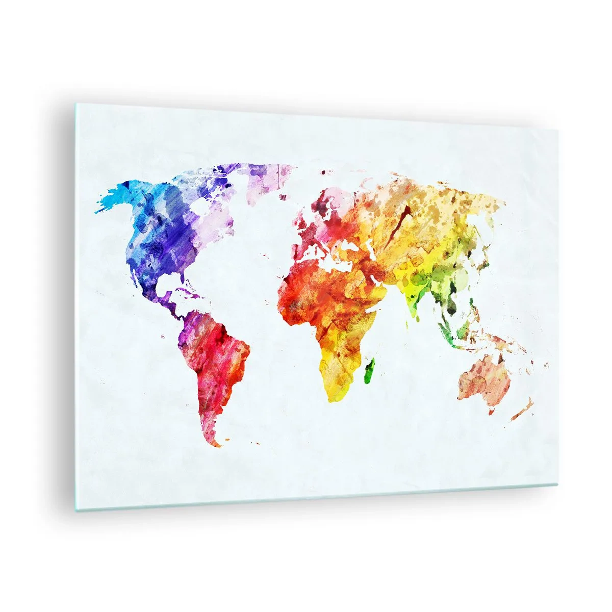 Tablou pe sticlă - Hartă a lumii în acuarelă în culori strălucitoare - 70x50cm - Toate culorile lumii - Decorațiune modernă pentru perete pentru living și dormitor ARTTOR