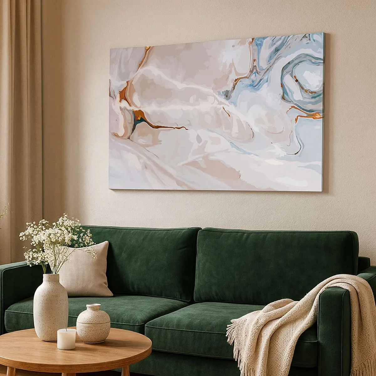 Tablou pe pânză Canvas - Model abstract în nuanțe de alb și albastru - 70x50cm - Meandre albastre sub alb - Decorațiune modernă pentru perete pentru living și dormitor ARTTOR