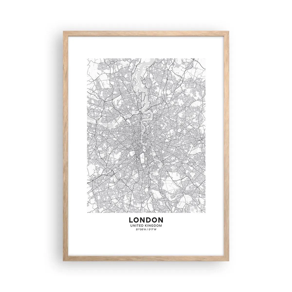 Poster în ramă de stejar deschis - Harta labirintului din Londra - 50x70 cm