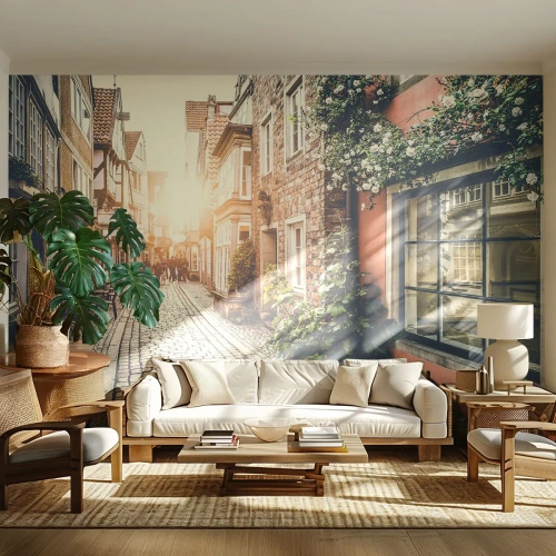 Tapet Standard Eco - O stradă istorică în strălucirea soarelui care apune - 100x70cm - Străduță în splendoare roz - Decorațiune modernă pentru perete pentru living și dormitor ARTTOR