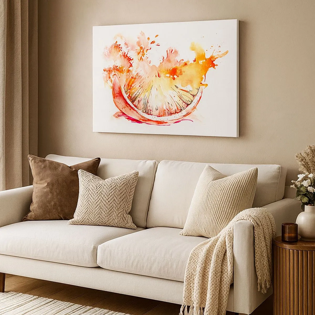 Tablou pe pânză Canvas - felie de grapefruit în acuarelă, în culori vibrante - 70x50cm - Răcoritoare suculentă - Decorațiune modernă pentru perete pentru living și dormitor ARTTOR