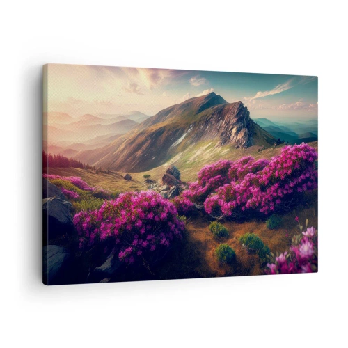 Tablou pe pânză Canvas - Peisaj montan cu rododendroni înfloriți - 70x50cm - Vara la munte - Decorațiune modernă pentru perete pentru living și dormitor ARTTOR