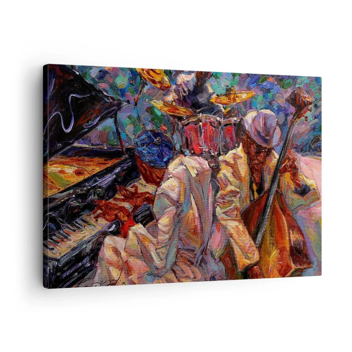 Tablou pe pânză Canvas - Scenă de jazz energică cu muzicieni și instrumente - 70x50cm - Într-un ritm - Decorațiune modernă pentru perete pentru living și dormitor ARTTOR