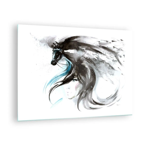 Tablou pe sticlă - Portretul unei femei și al unui cal într-o compoziție artistică și dinamică - 70x50cm - Galopul Prințului Negru - Decorațiune modernă pentru perete pentru living și dormitor ARTTOR