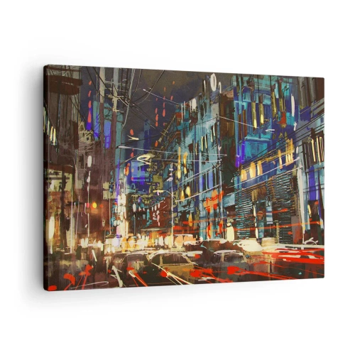 Tablou pe pânză Canvas - Scenă de noapte a orașului cu lumini neon - 70x50cm - Agitația de seară a străzii - Decorațiune modernă pentru perete pentru living și dormitor ARTTOR