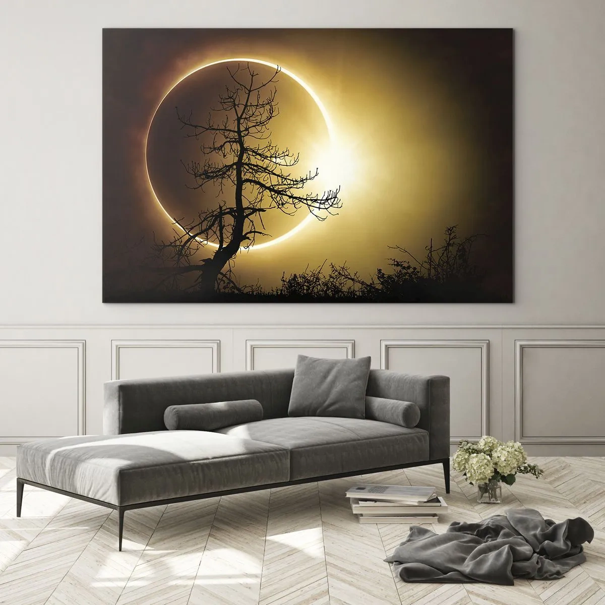 Tablou pe sticlă - Eclipsă solară în spatele copacului - 70x50cm - Eclipsă totală - Decorațiune modernă pentru perete pentru living și dormitor ARTTOR