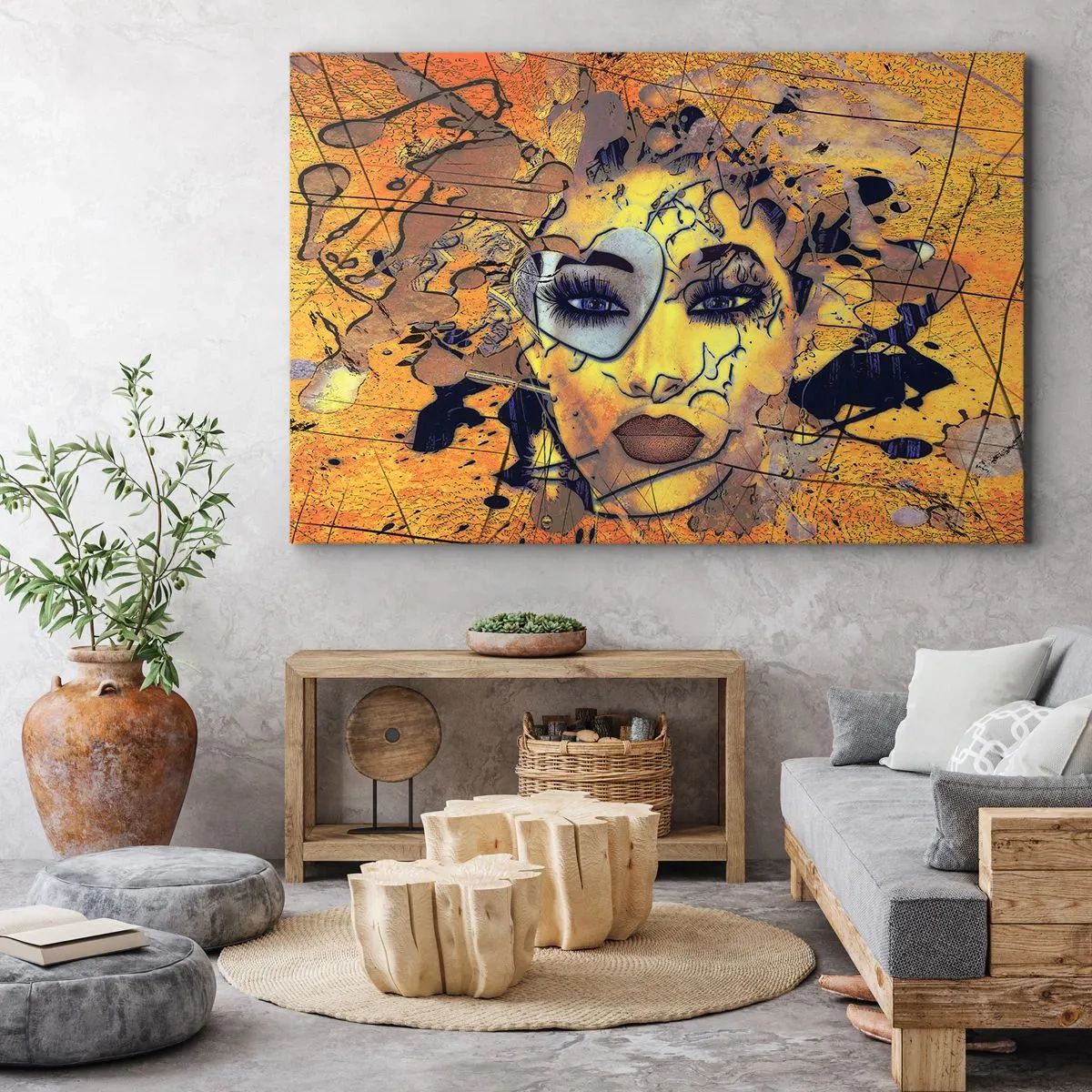 Tablou pe pânză Canvas - Portret abstract al unei femei în tonuri galben-aurii - 70x50cm - Frumusețe însorită - Decorațiune modernă pentru perete pentru living și dormitor ARTTOR