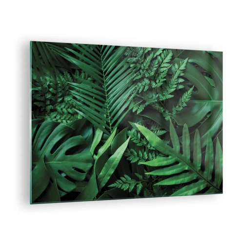 Tablou pe sticlă - Frunze verzi dense de plante tropicale în compoziție - 70x50cm - Înfășurate în verde - Decorațiune modernă pentru perete pentru living și dormitor ARTTOR