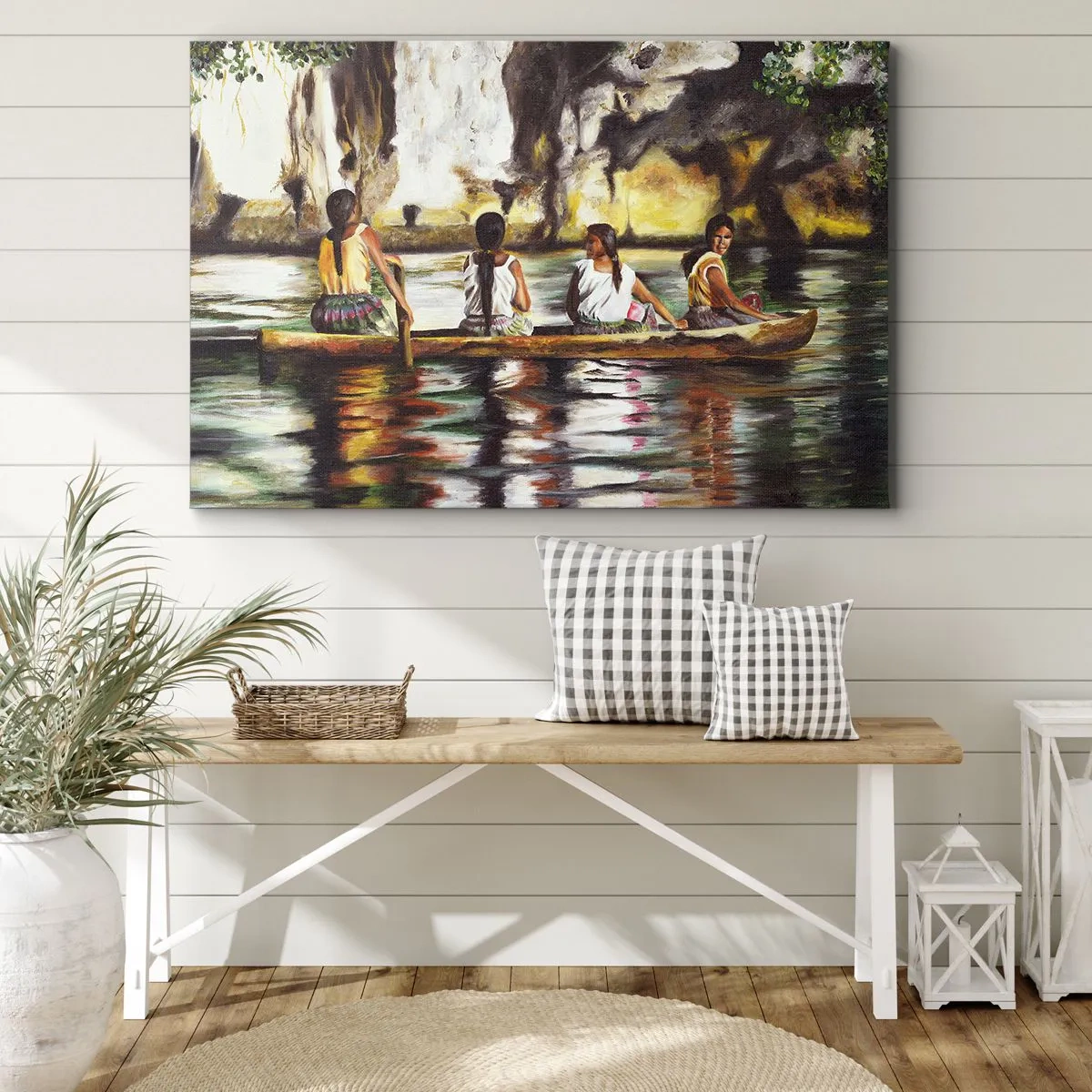 Tablou pe pânză Canvas - Femei într-o barcă pe un râu calm, cu un fundal pitoresc - 70x50cm - Într-un paradis polinezian - Decorațiune modernă pentru perete pentru living și dormitor ARTTOR