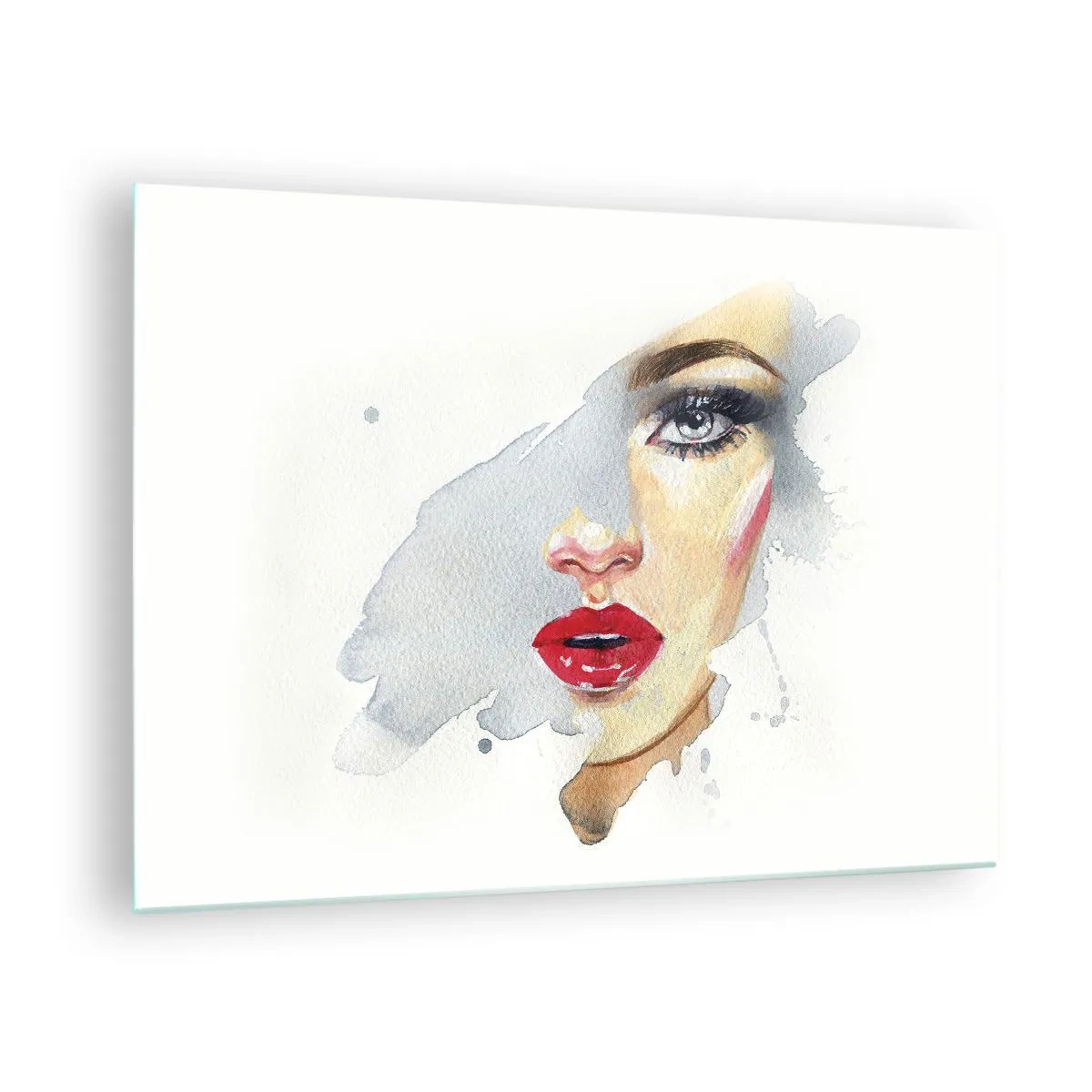Tablou pe sticlă - Portret în acuarelă al unei femei cu buze roșii - 70x50cm - Reflecție într-o picătură de apă - Decorațiune modernă pentru perete pentru living și dormitor ARTTOR