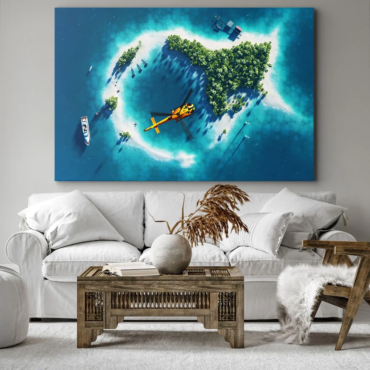 Tablou pe pânză Canvas - O insulă tropicală înconjurată de ape turcoaz, cu un elicopter la vedere - 70x50cm - Cumpără-ți o insulă - Decorațiune modernă pentru perete pentru living și dormitor ARTTOR