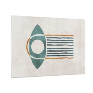 Tablou pe sticlă - Formă geometrică cu cerc și linii în nuanțe de verde și roșu. - 70x50cm - Semne și ritualuri - Decorațiune modernă pentru perete pentru living și dormitor ARTTOR