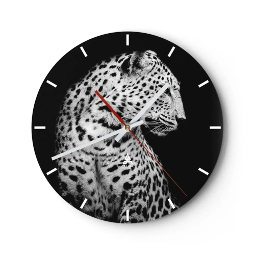 Ceas de perete - Ceas pe sticlă - Portret alb-negru al unui leopard pe fundal negru - 30x30cm - Profilul drept perfect! - Decorațiune modernă pentru perete pentru living, bucătărie și dormitor ARTTOR