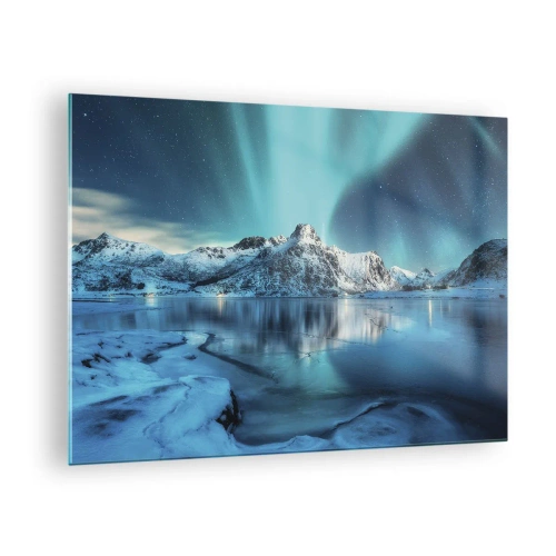 Tablou pe sticlă - Aurora boreală peste munții acoperiți de zăpadă - 70x50cm - Noaptea de lumină - Decorațiune modernă pentru perete pentru living și dormitor ARTTOR