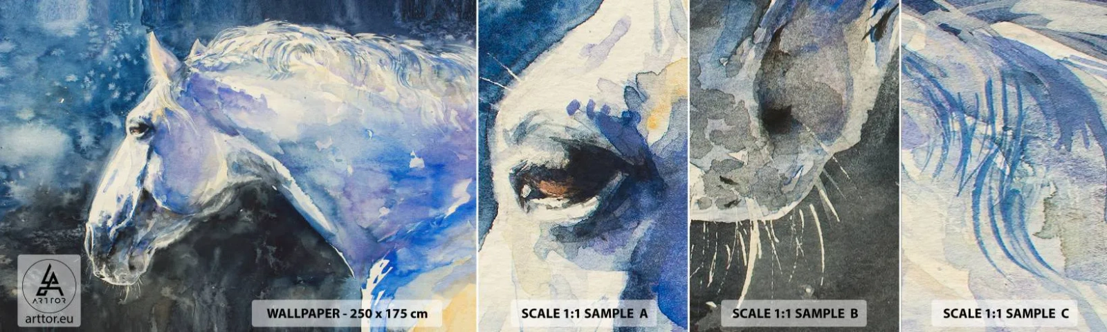 Mostră de Tapet Standard Eco - Portret într-o strălucire albastră - Cal, Pictura, Animale - 100x30 cm