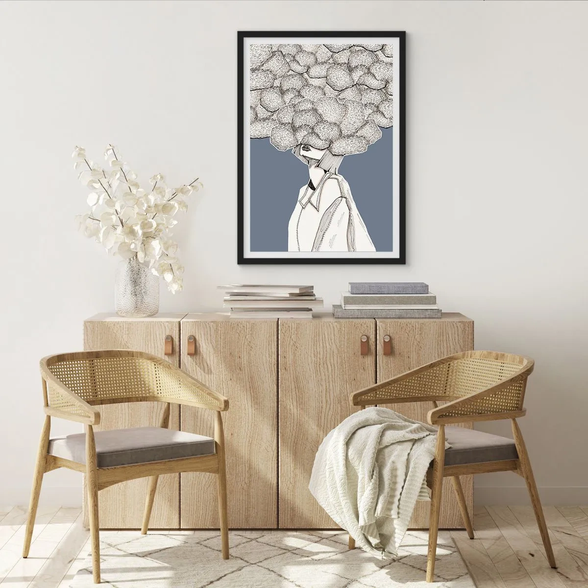Poster în ramă neagră - figură cu un nor în loc de cap, stilizată în nuanțe de gri. - 50x70cm - Cu capul în nori - Decorațiune modernă pentru perete pentru living și dormitor ARTTOR