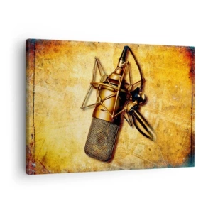 Tablou pe pânză Canvas - Un microfon de studio auriu pe un fundal vintage în tonuri calde. - 70x50cm - Anii de aur ai radioului - Decorațiune modernă pentru perete pentru living și dormitor ARTTOR