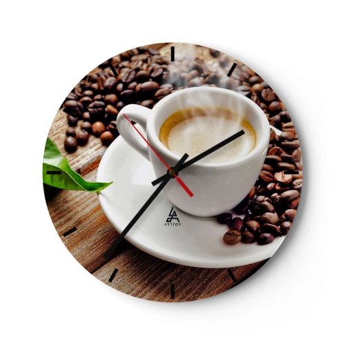 Ceas de perete - Ceas pe sticlă - O ceașcă de cafea cu boabe pe un fundal de lemn - 30x30cm - Cafea pe bancă - Decorațiune modernă pentru perete pentru living, bucătărie și dormitor ARTTOR