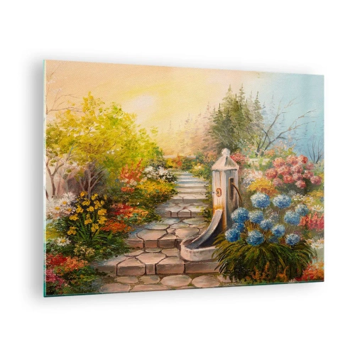 Tablou pe sticlă - O grădină de flori cu o fântână în plină floare - 70x50cm - În plină înflorire - Decorațiune modernă pentru perete pentru living și dormitor ARTTOR