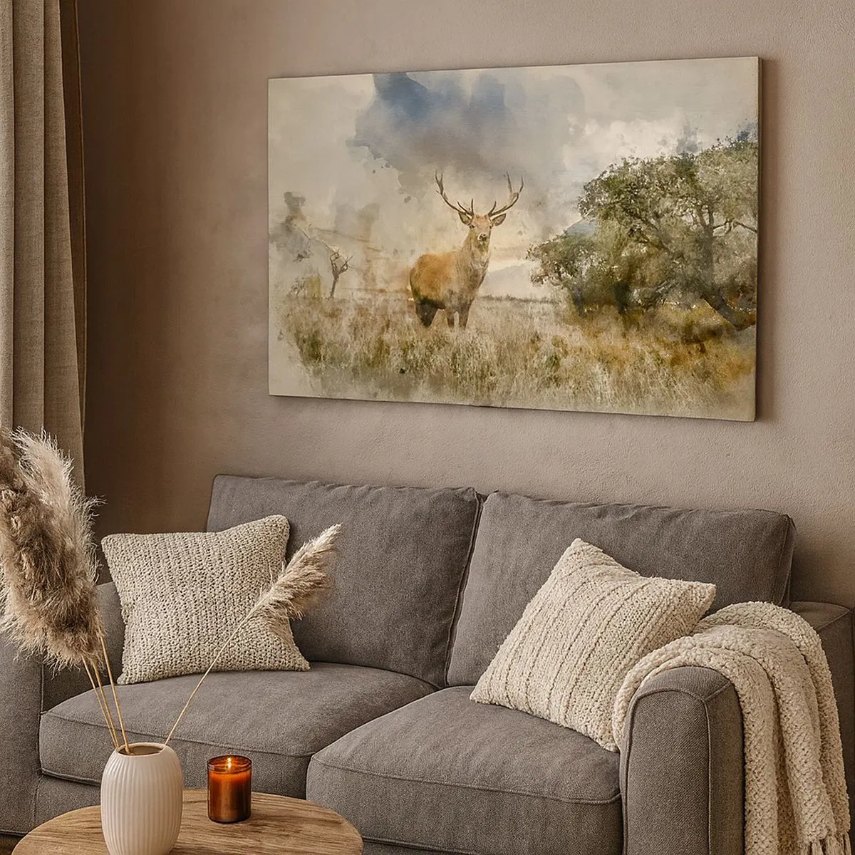 Tablou pe pânză Canvas - Un cerb într-un cadru natural în stil acuarelă - 70x50cm - Demnitate - putere - măreție - Decorațiune modernă pentru perete pentru living și dormitor ARTTOR