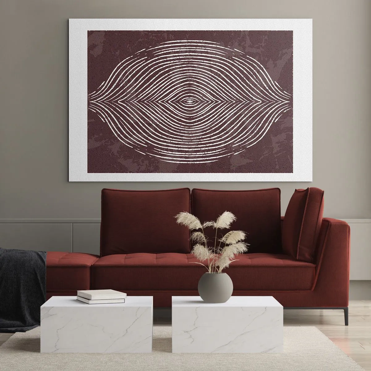 Tablou pe sticlă - Linii simetrice sub formă de ochi pe un fundal bordo - 70x50cm - Spațiul vorbește - Decorațiune modernă pentru perete pentru living și dormitor ARTTOR
