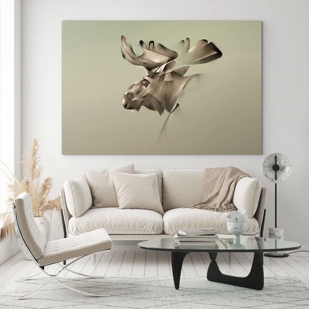 Tablou pe sticlă - O imagine modernă a unui elan pe un fundal verde - 70x50cm - Puterea blândă a calmului - Decorațiune modernă pentru perete pentru living și dormitor ARTTOR