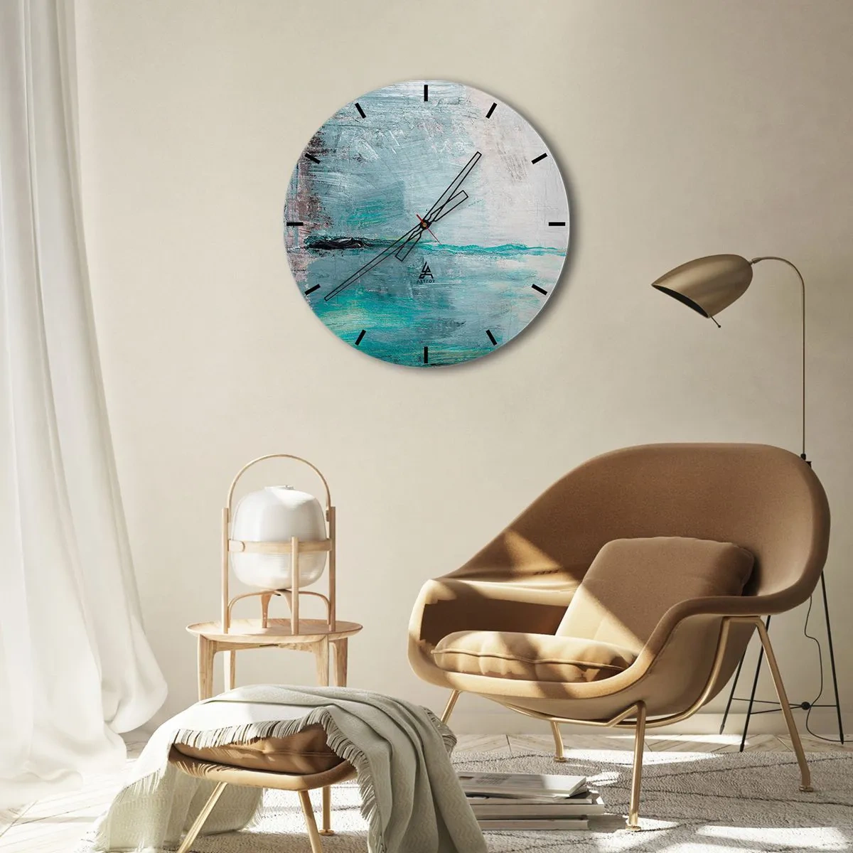 Ceas de perete - Ceas pe sticlă - Un cadran de ceas cu un motiv abstract în nuanțe de albastru și gri. - 30x30cm - Orizontal în albastru - Decorațiune modernă pentru perete pentru living, bucătărie și dormitor ARTTOR