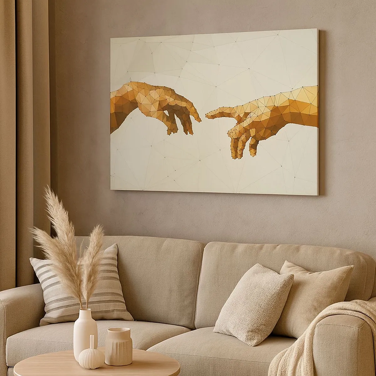 Tablou pe pânză Canvas - Mâini geometrice care se întind una spre alta pe un fundal deschis - 70x50cm - Geometrie divină - Decorațiune modernă pentru perete pentru living și dormitor ARTTOR
