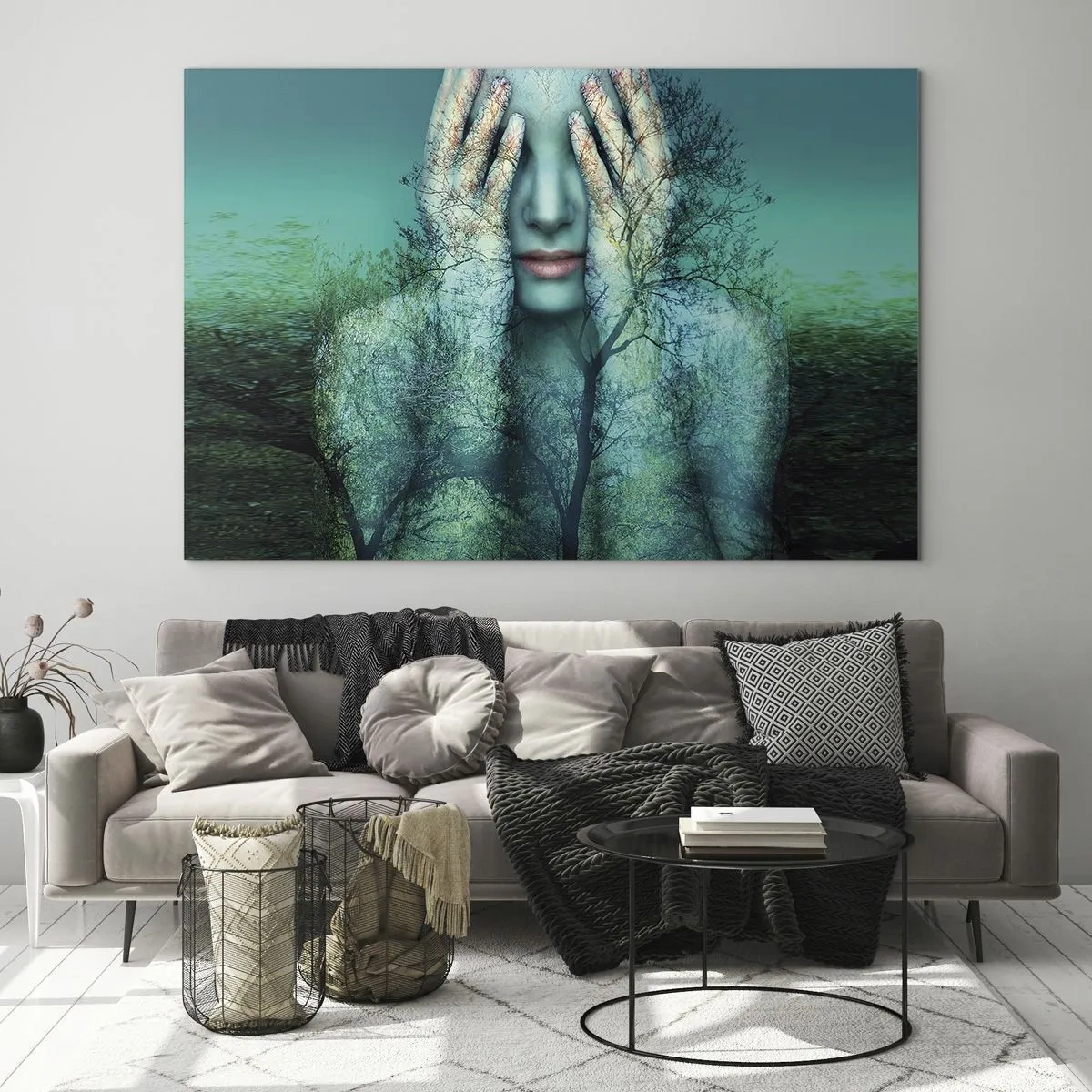 Tablou pe sticlă - Chipul unei femei cu motiv de copac într-un decor suprarealist - 70x50cm - Scufundată în albastru - Decorațiune modernă pentru perete pentru living și dormitor ARTTOR