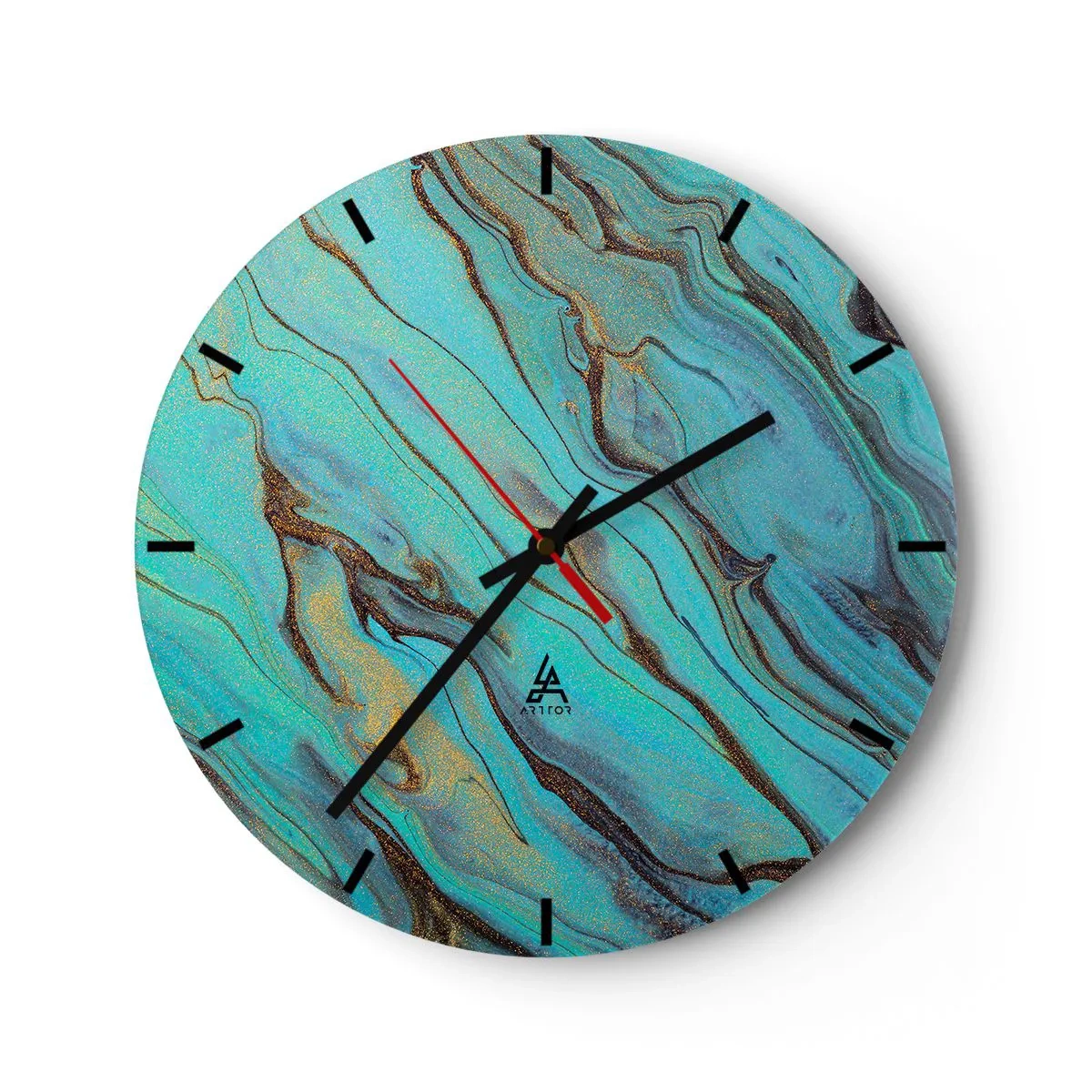 Ceas de perete - Ceas pe sticlă - Valuri marmorate turcoaz și auriu - 30x30cm - Mareea turcoaz - Decorațiune modernă pentru perete pentru living, bucătărie și dormitor ARTTOR